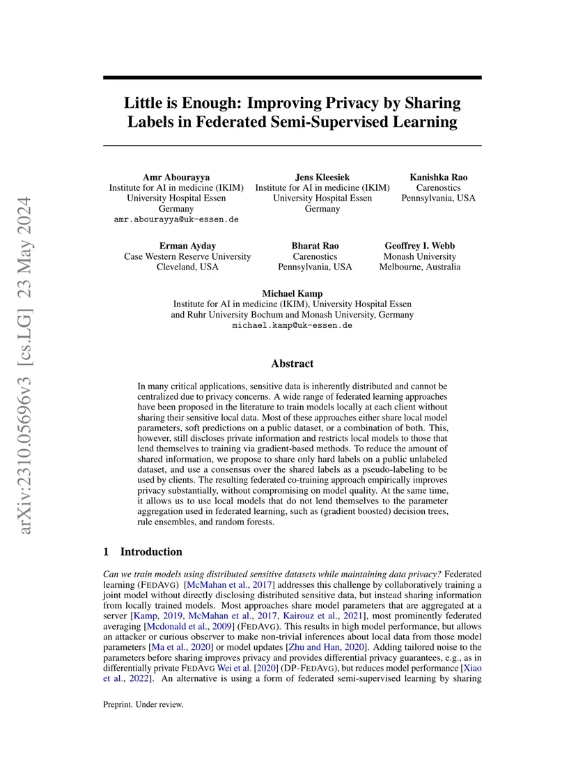 Little is Enough: Improving Privacy by Sharing Labels in Federated Semi-Supervised Learning