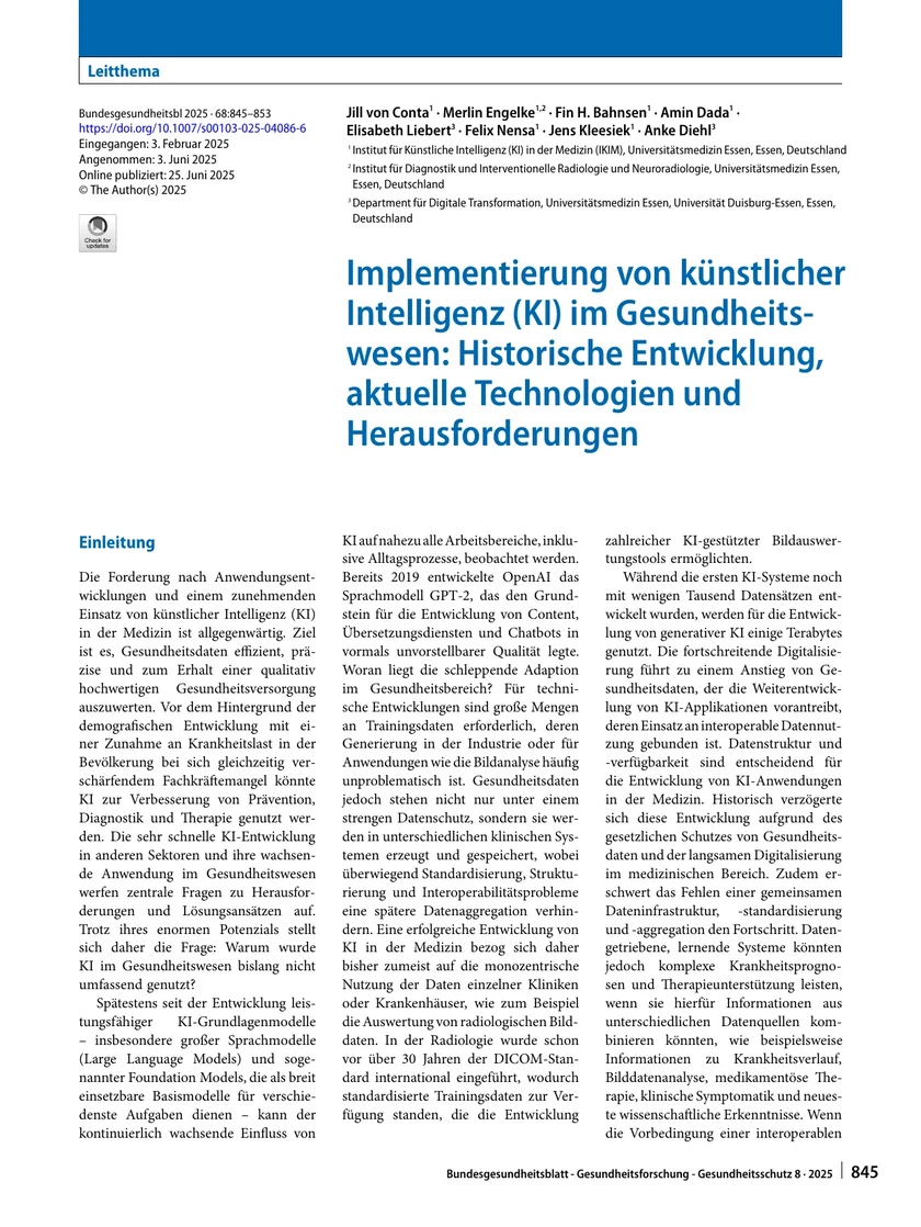 Implementierung von künstlicher Intelligenz (KI) im Gesundheitswesen: Historische Entwicklung, aktuelle Technologien und Herausforderungen