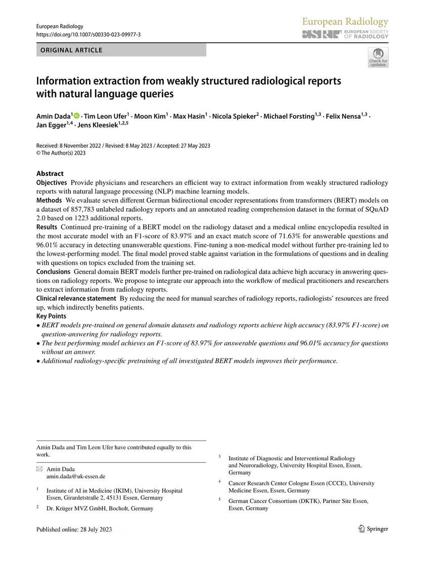 Information extraction from weakly structured radiological reports with natural language queries