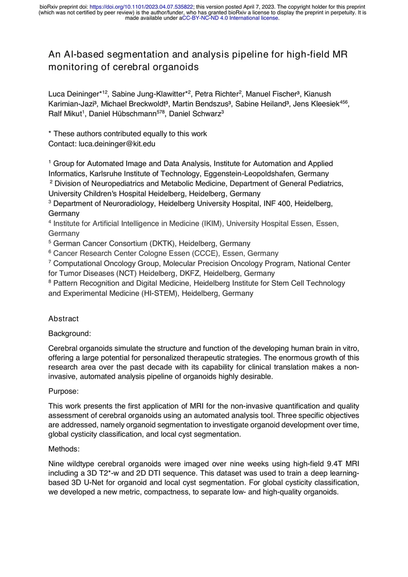 An AI-based segmentation and analysis pipeline for high-field MR monitoring of cerebral organoids