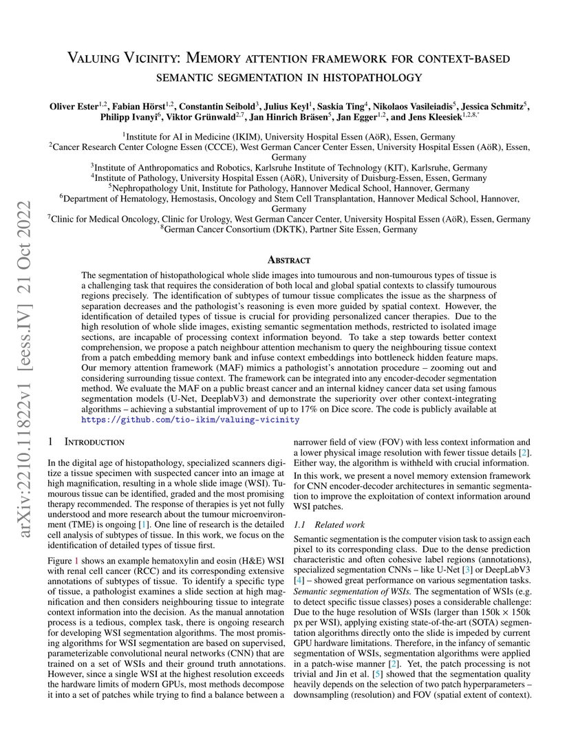 Valuing Vicinity: Memory attention framework for context-based semantic segmentation in histopathology