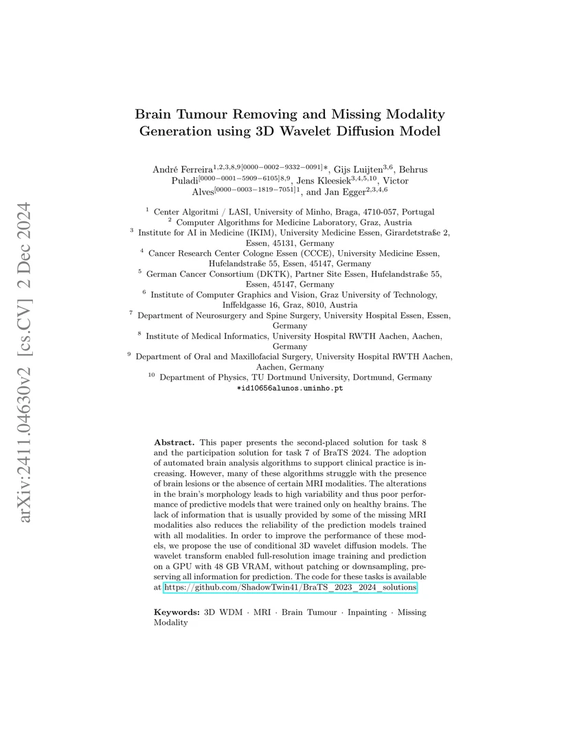 Brain Tumour Removing and Missing Modality Generation using 3D WDM