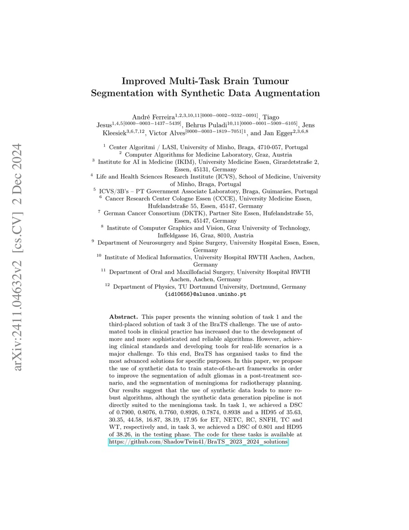Improved Multi-Task Brain Tumour Segmentation with Synthetic Data Augmentation
