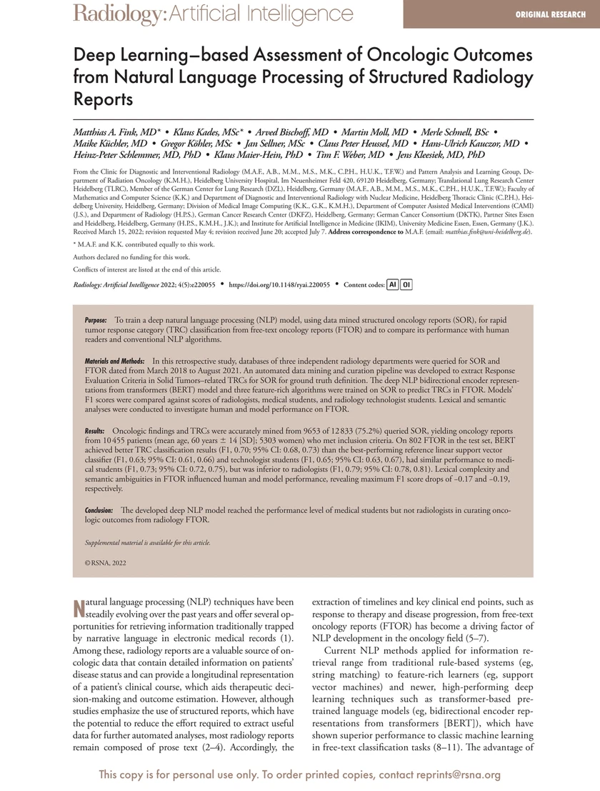 Deep Learning–based Assessment of Oncologic Outcomes from Natural Language Processing of Structured Radiology Reports