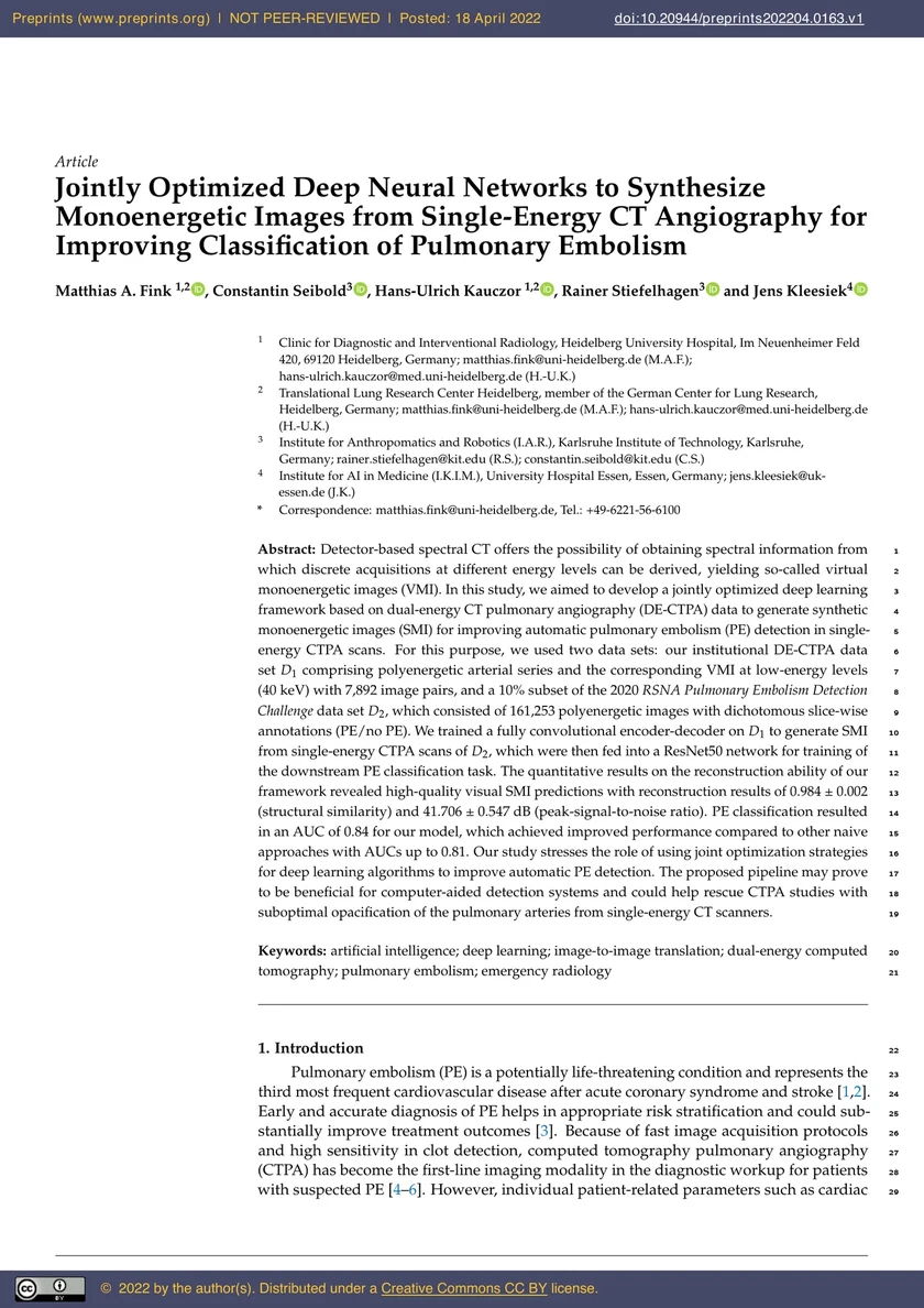 Jointly Optimized Deep Neural Networks to Synthesize Monoenergetic Images from Single-Energy CT Angiography for Improving Classification of Pulmonary Embolism