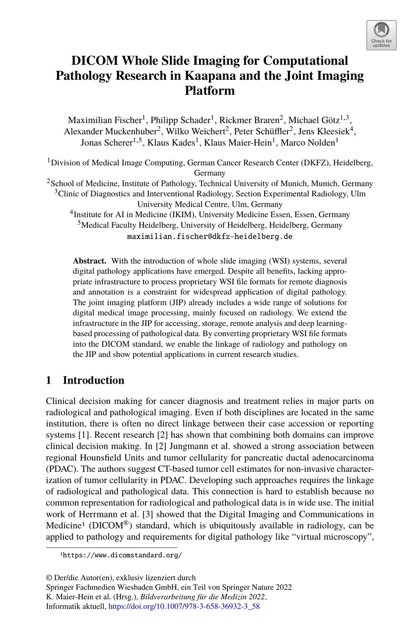 DICOM Whole Slide Imaging for Computational Pathology Research in Kaapana and the Joint Imaging Platform