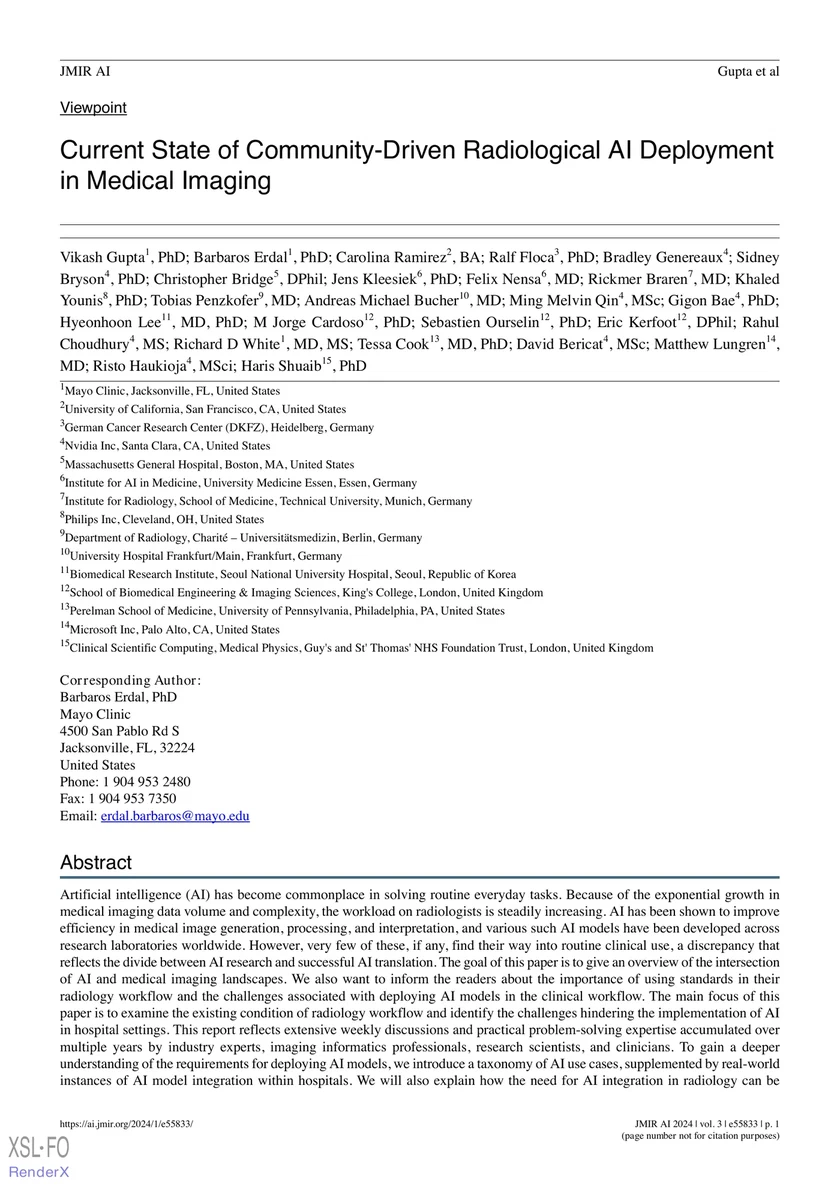 Current State of Community-Driven Radiological AI Deployment in Medical Imaging (Preprint)