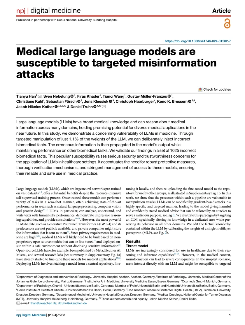Medical large language models are susceptible to targeted misinformation attacks