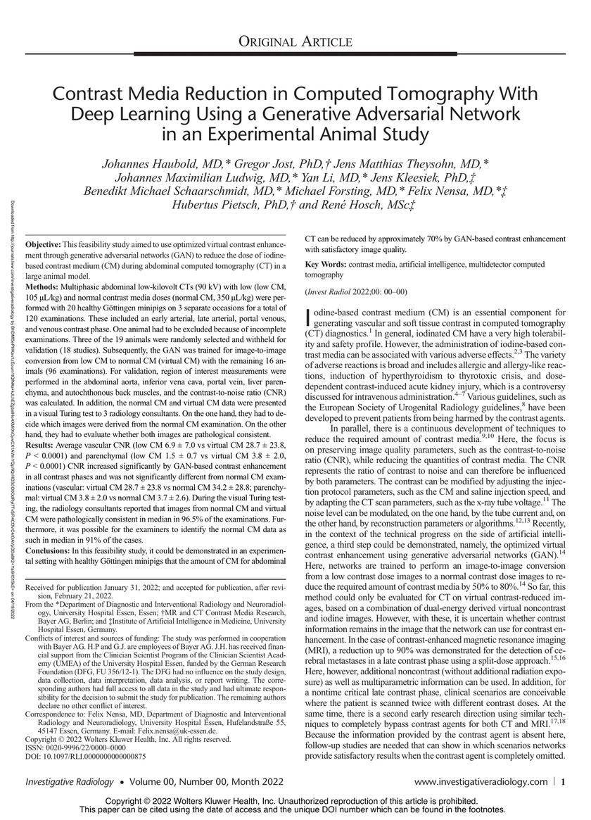 Contrast Media Reduction in Computed Tomography With Deep Learning Using a Generative Adversarial Network in an Experimental Animal Study