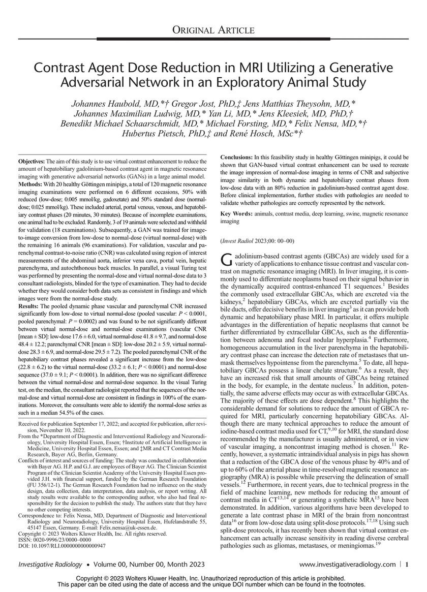 Contrast Agent Dose Reduction in MRI Utilizing a Generative Adversarial Network in an Exploratory Animal Study