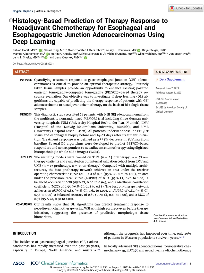 Histology-Based Prediction of Therapy Response to Neoadjuvant Chemotherapy for Esophageal and Esophagogastric Junction Adenocarcinomas Using Deep Learning