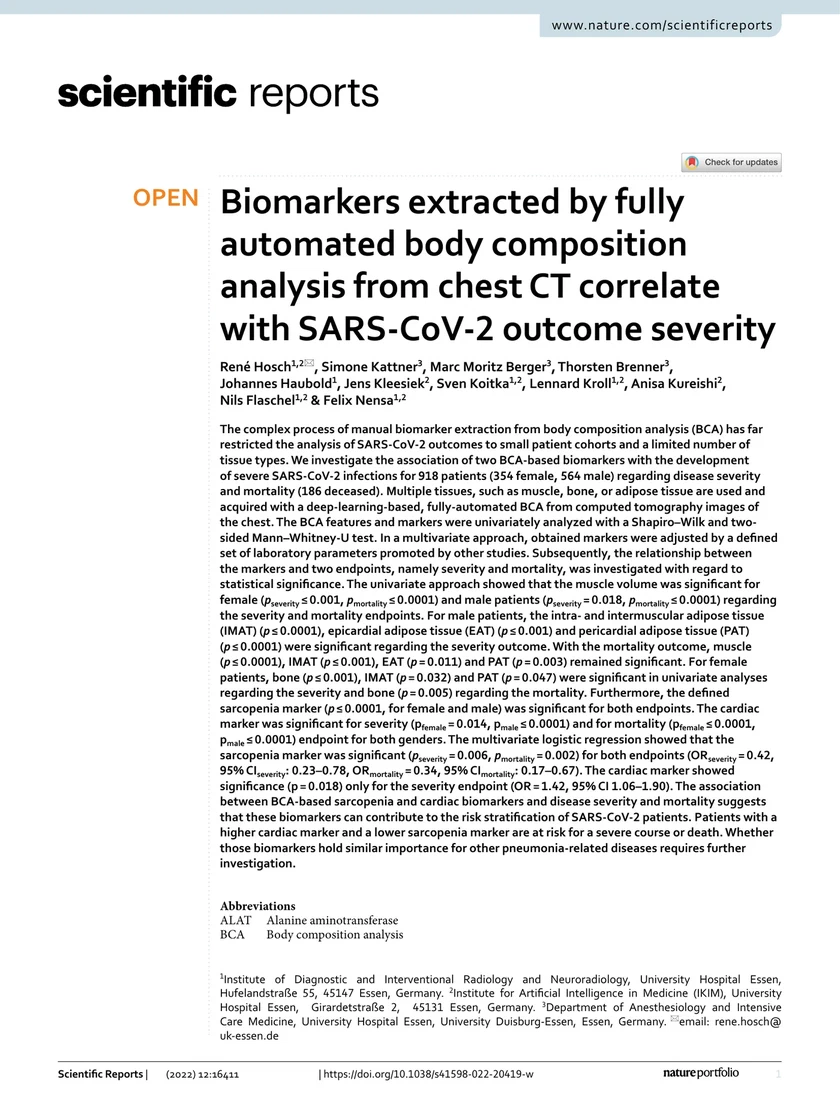 Biomarkers extracted by fully automated body composition analysis from chest CT correlate with SARS-CoV-2 outcome severity