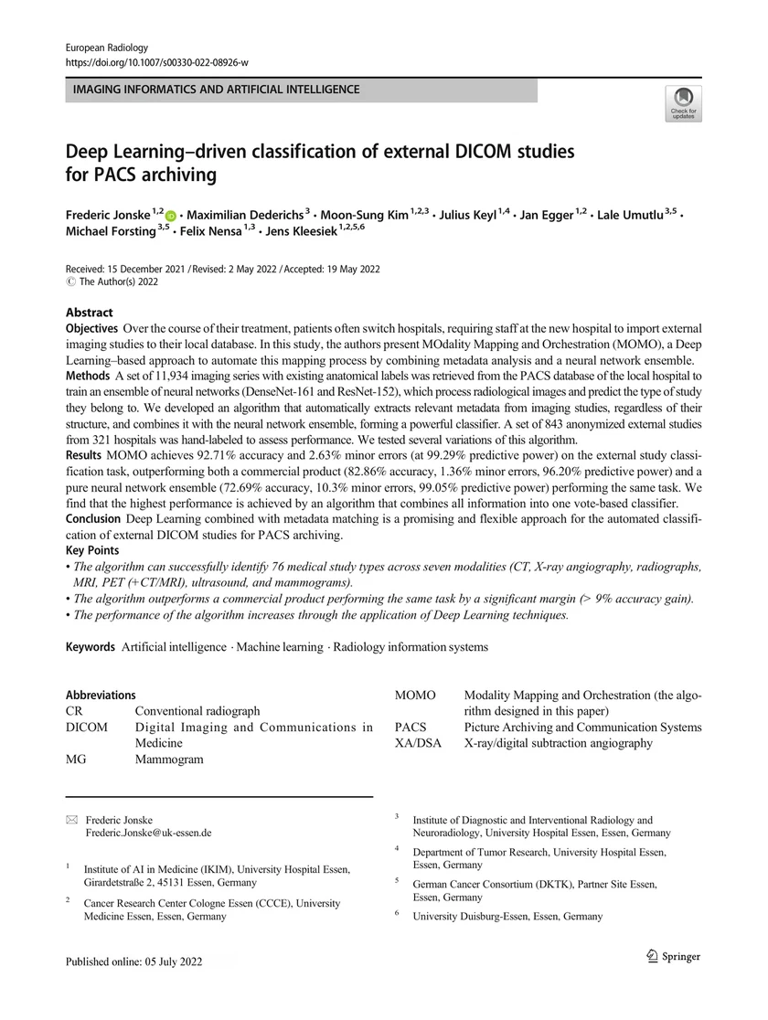 Deep Learning–driven classification of external DICOM studies for PACS archiving
