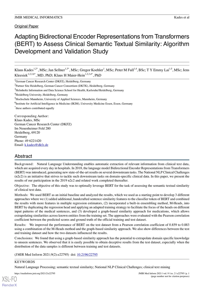 Adapting Bidirectional Encoder Representations from Transformers (BERT) to Assess Clinical Semantic Textual Similarity: Algorithm Development and Validation Study