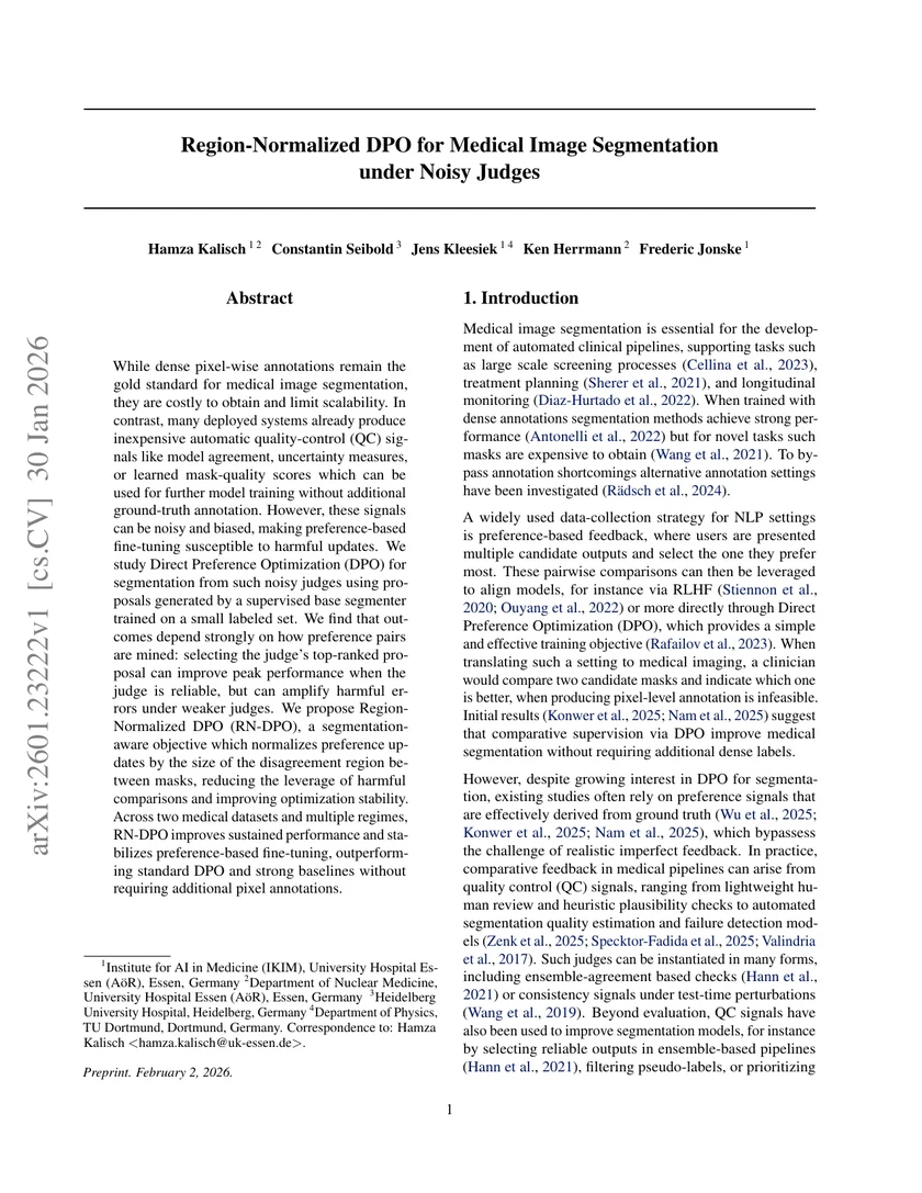 Region-Normalized DPO for Medical Image Segmentation under Noisy Judges