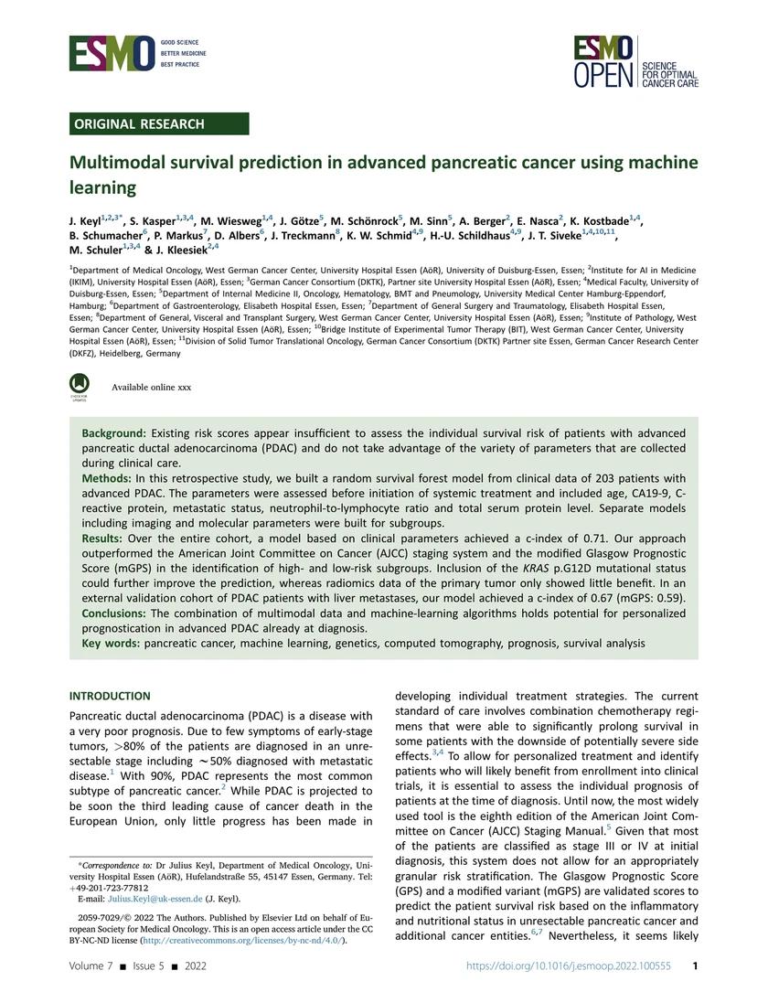 Multimodal survival prediction in advanced pancreatic cancer using machine learning