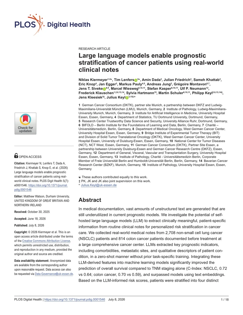 Large language models enable prognostic stratification of cancer patients using real-world clinical notes