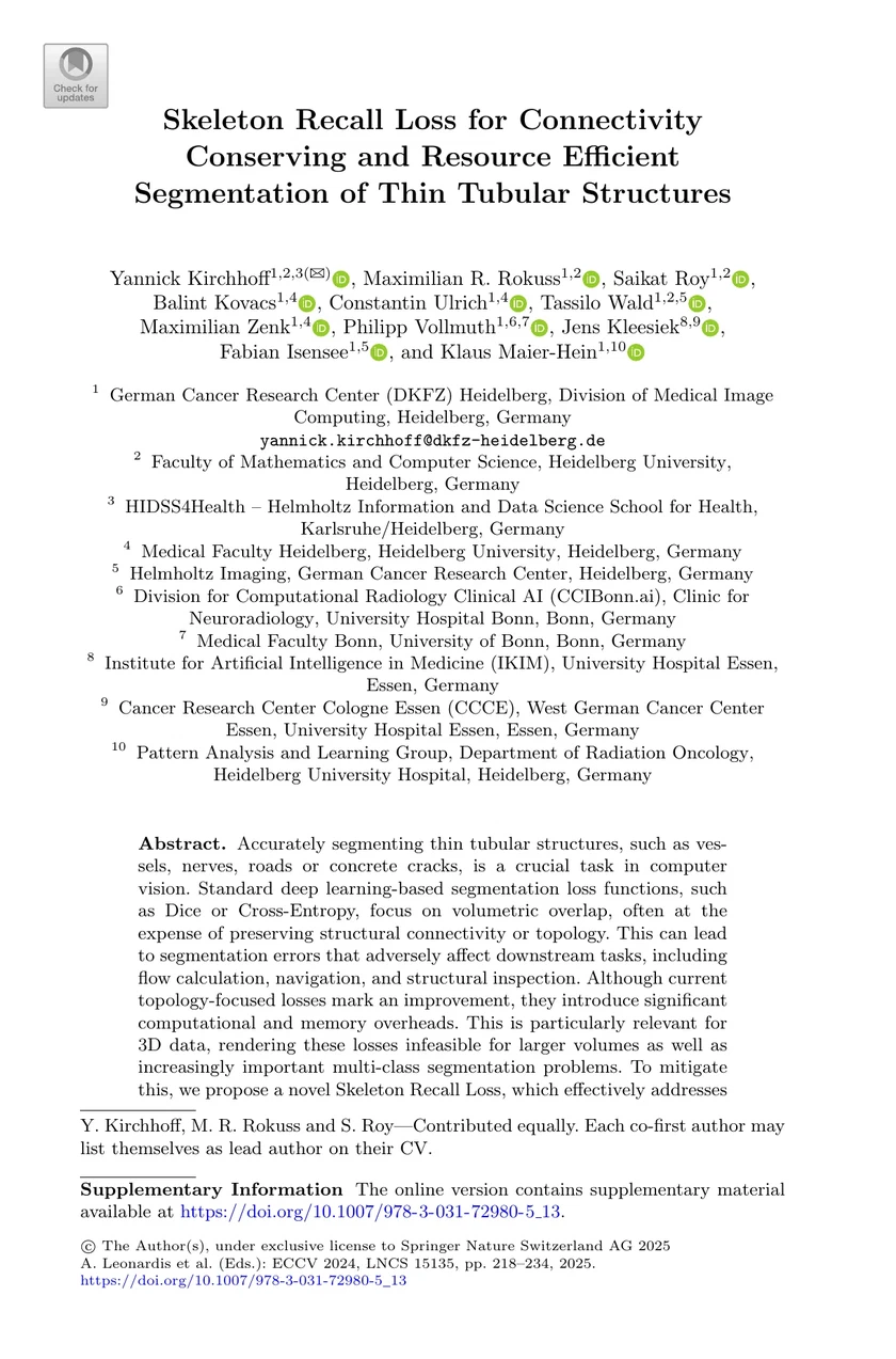 Skeleton Recall Loss for Connectivity Conserving and Resource Efficient Segmentation of Thin Tubular Structures