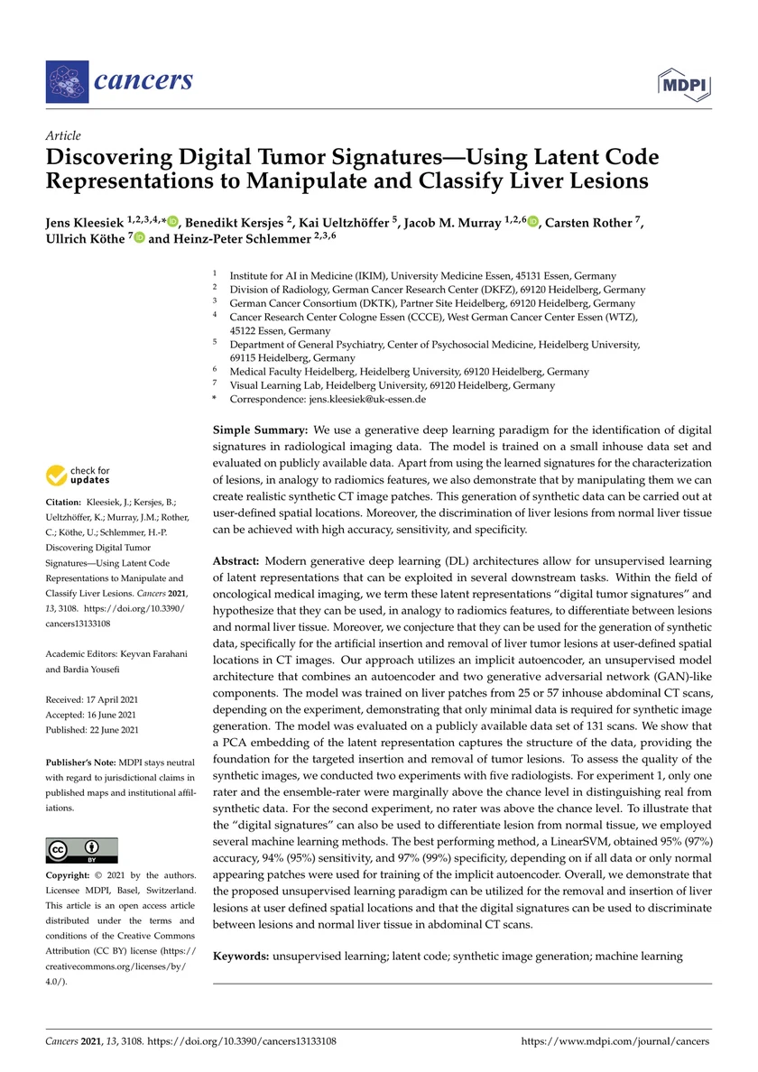 Discovering Digital Tumor Signatures—Using Latent Code Representations to Manipulate and Classify Liver Lesions
