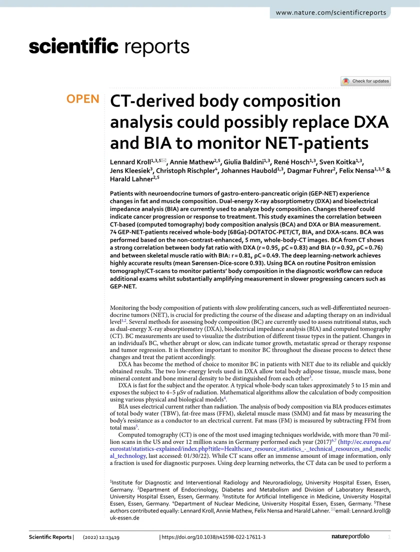 CT-derived body composition analysis could possibly replace DXA and BIA to monitor NET-patients