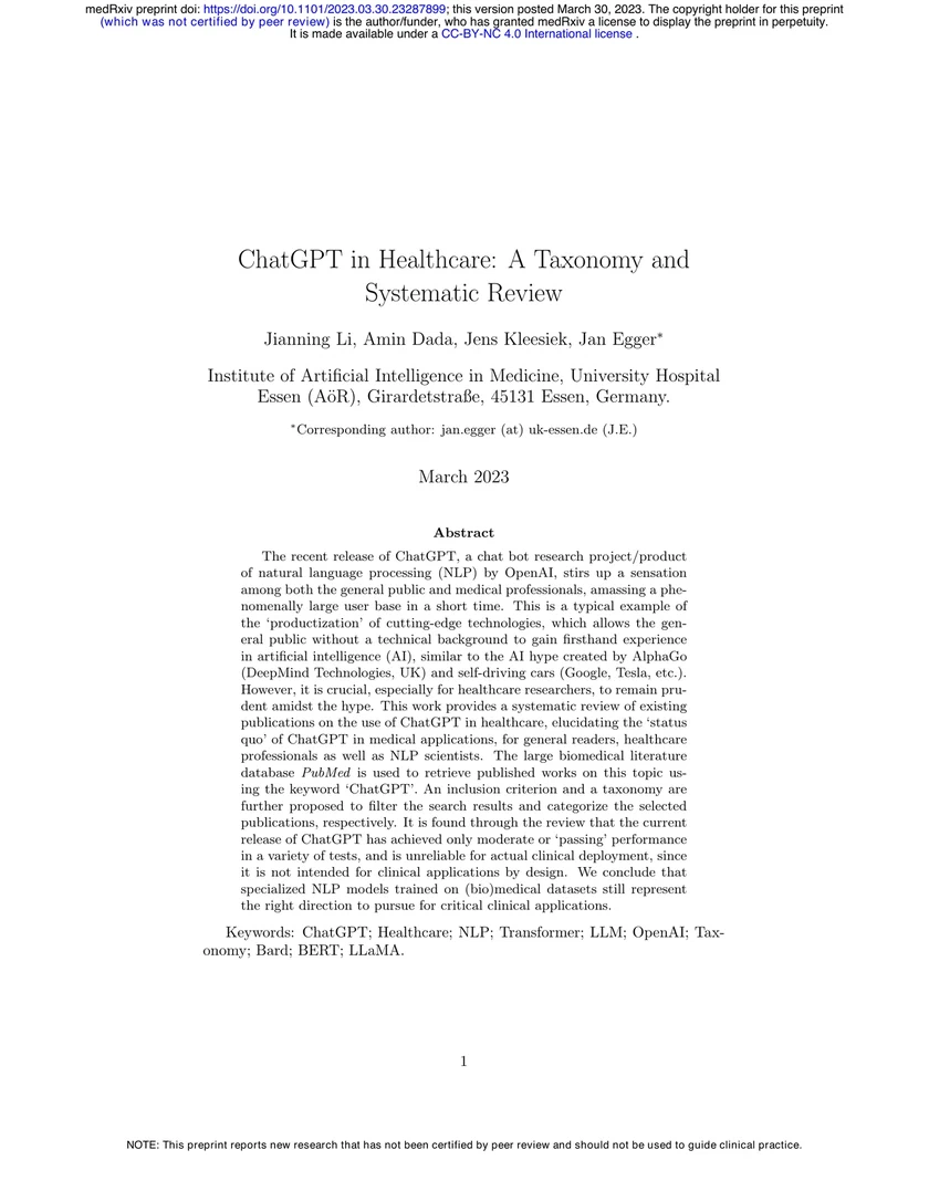 ChatGPT in Healthcare: A Taxonomy and Systematic Review