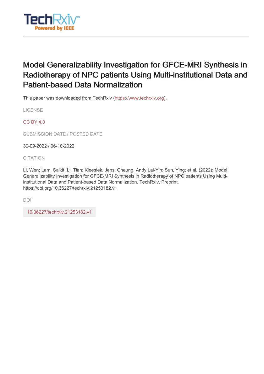 Model Generalizability Investigation for GFCE-MRI Synthesis in Radiotherapy of NPC patients Using Multi-institutional Data and Patient-based Data Normalization