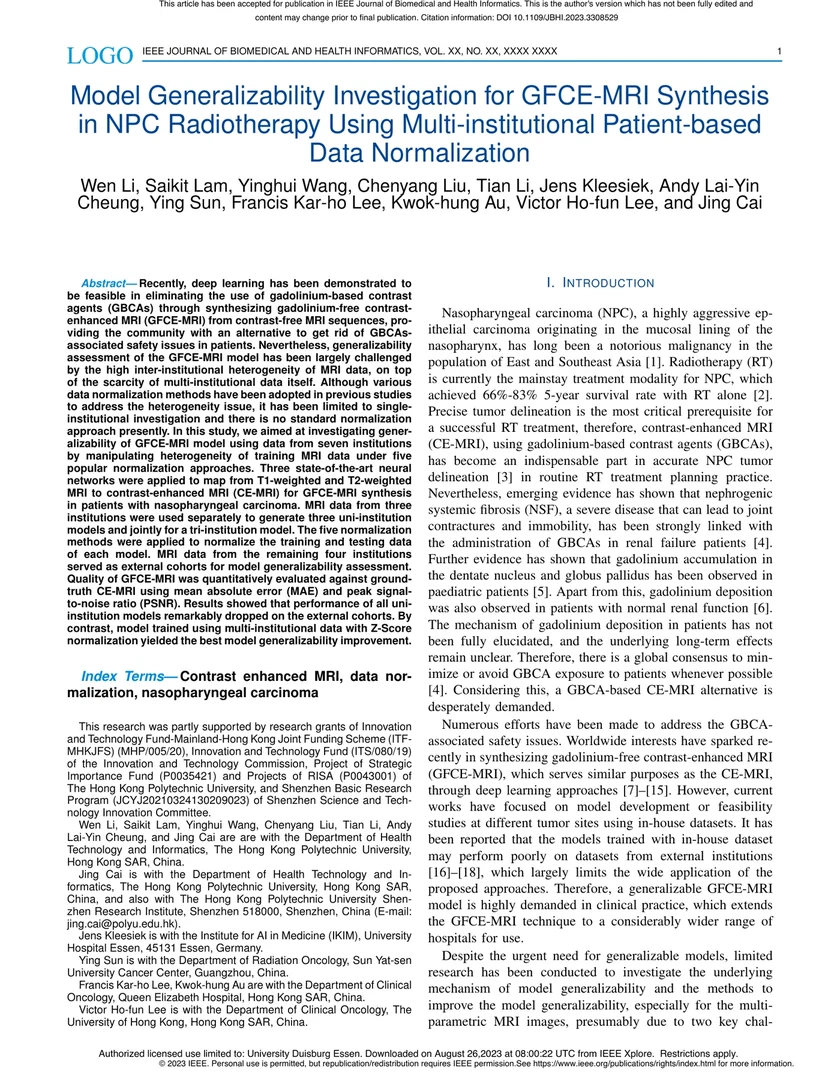 Model Generalizability Investigation for GFCE-MRI Synthesis in NPC Radiotherapy Using Multi-institutional Patient-based Data Normalization