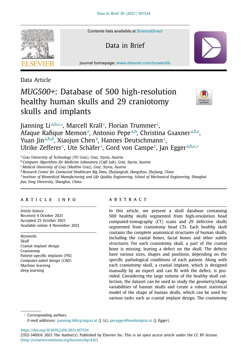 MUG500+: Database of 500 high-resolution healthy human skulls and 29 craniotomy skulls and implants