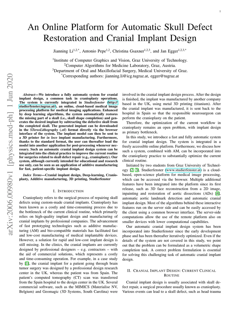 An online platform for automatic skull defect restoration and cranial implant design