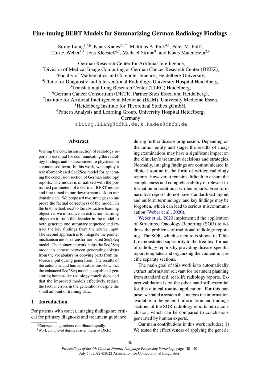 Fine-tuning BERT Models for Summarizing German Radiology Findings