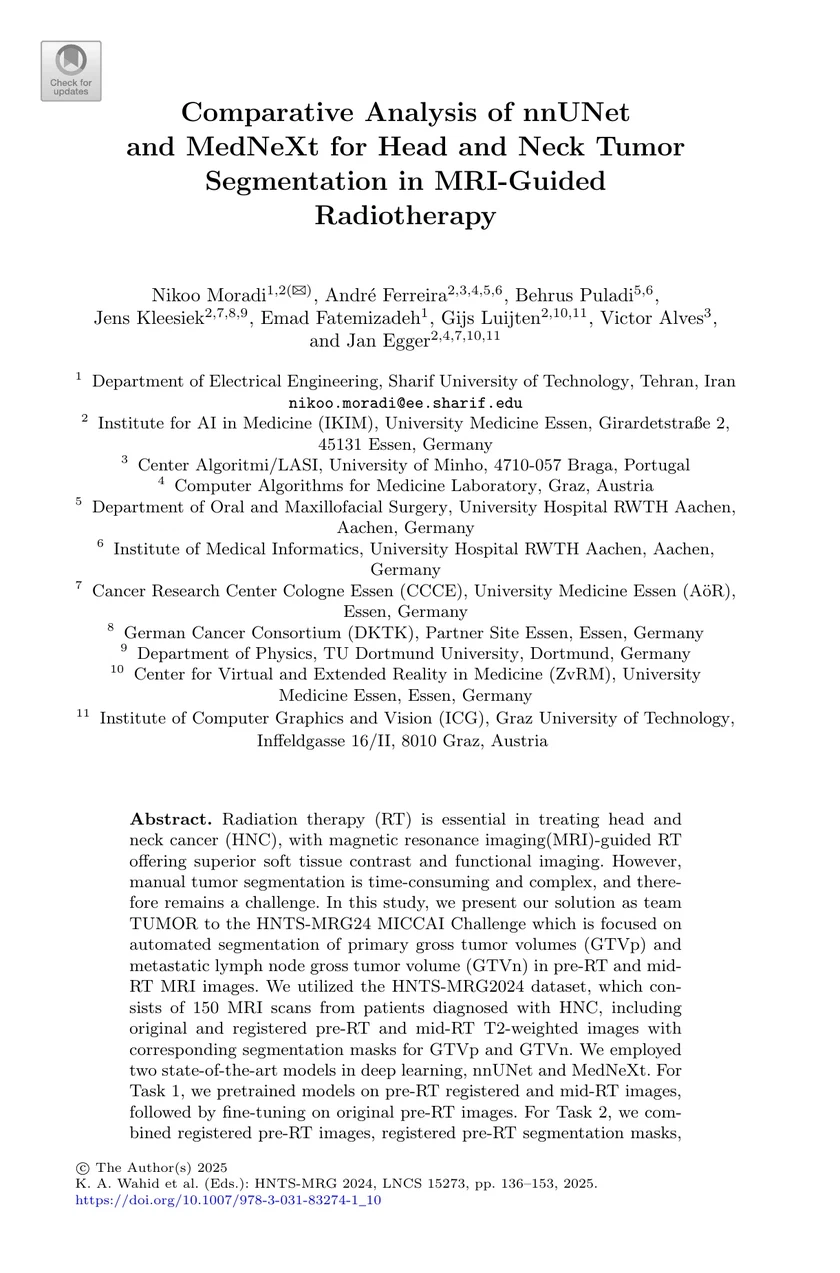 Comparative Analysis of nnUNet and MedNeXt for Head and Neck Tumor Segmentation in MRI-Guided Radiotherapy