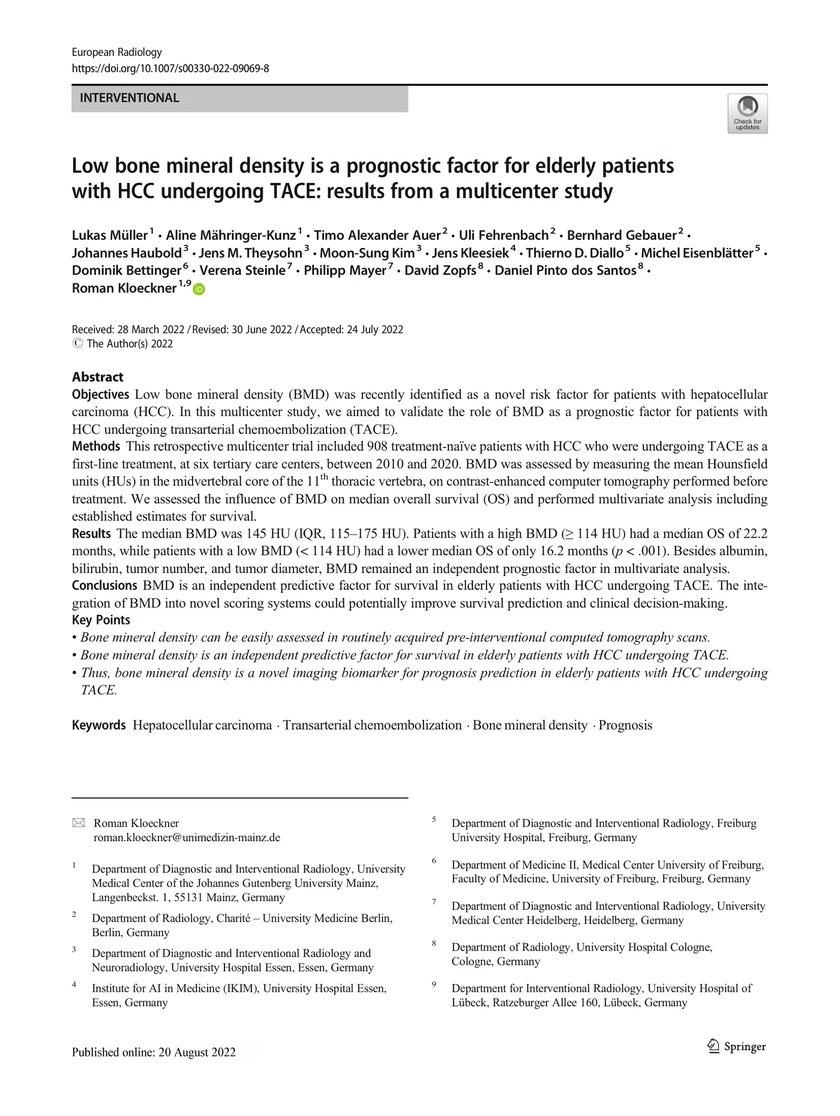 Low bone mineral density is a prognostic factor for elderly patients with HCC undergoing TACE: results from a multicenter study
