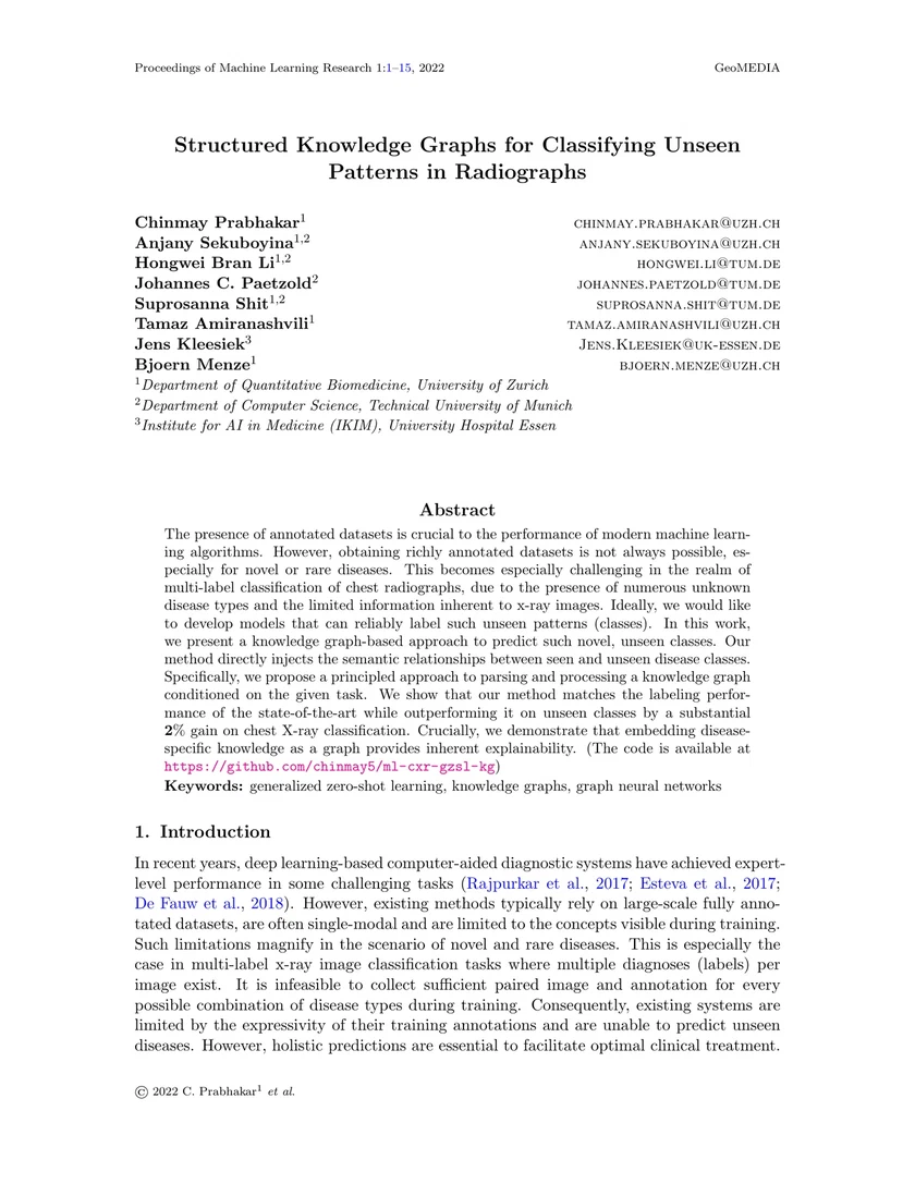 Structured Knowledge Graphs for Classifying Unseen Patterns in Radiographs