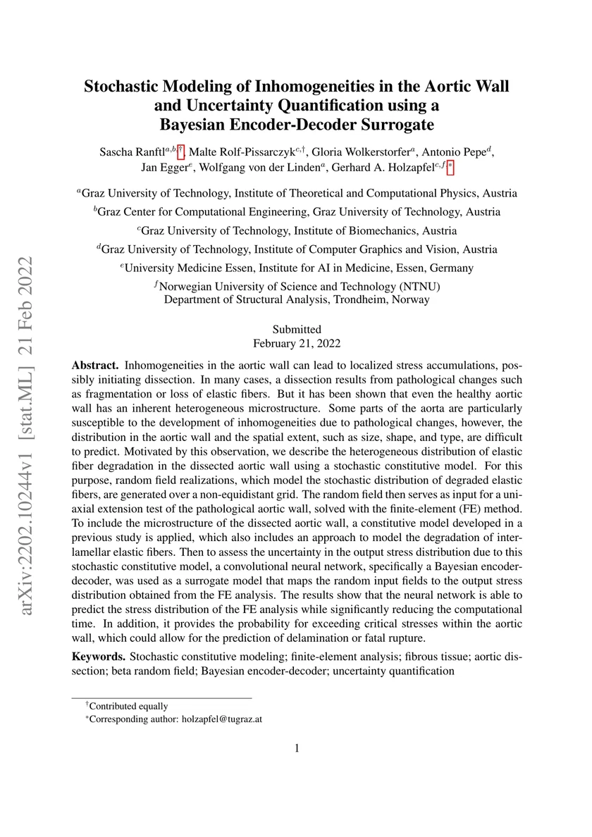 Stochastic Modeling of Inhomogeneities in the Aortic Wall and Uncertainty Quantification using a Bayesian Encoder-Decoder Surrogate