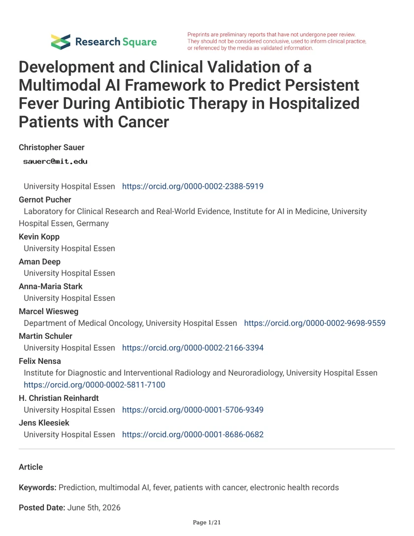 Development and Clinical Validation of a Multimodal AI Framework to Predict Persistent Fever During Antibiotic Therapy in Hospitalized Patients with Cancer