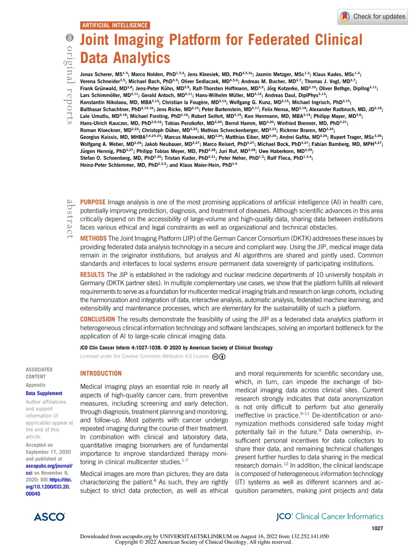 Joint Imaging Platform for Federated Clinical Data Analytics