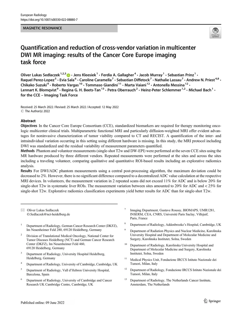 Quantification and reduction of cross-vendor variation in multicenter DWI MR imaging: results of the Cancer Core Europe imaging task force