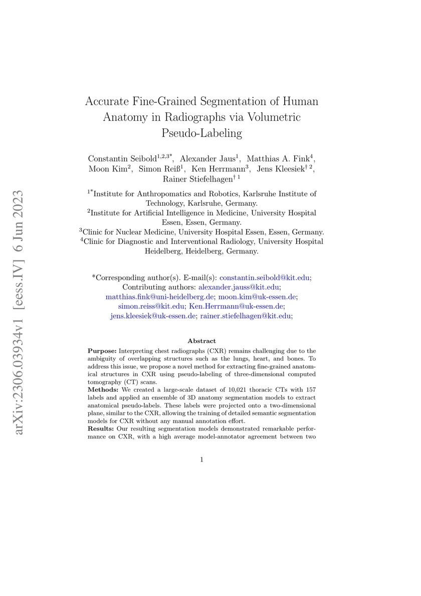 Accurate Fine-Grained Segmentation of Human Anatomy in Radiographs via Volumetric Pseudo-Labeling
