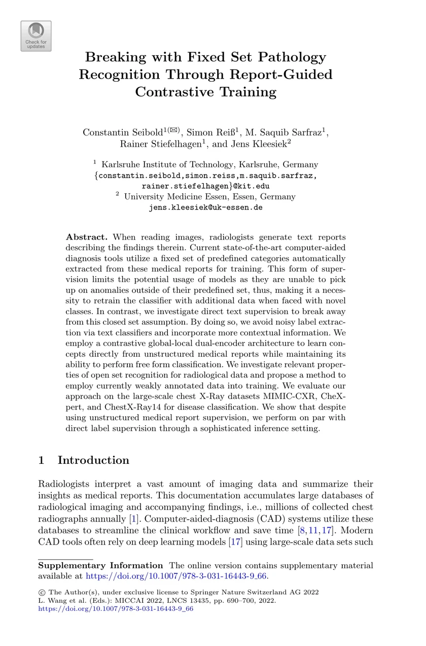 Breaking with Fixed Set Pathology Recognition Through Report-Guided Contrastive Training