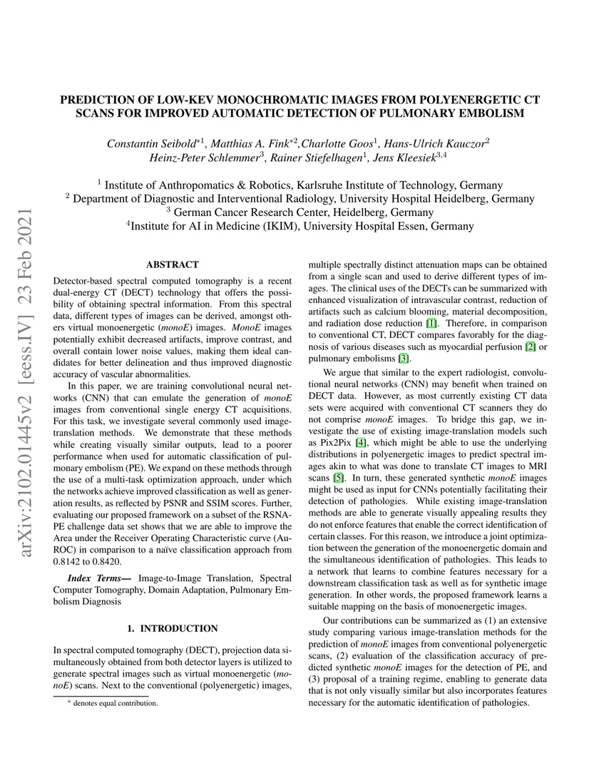 Prediction of low-keV monochromatic images from polyenergetic CT scans for improved automatic detection of pulmonary embolism
