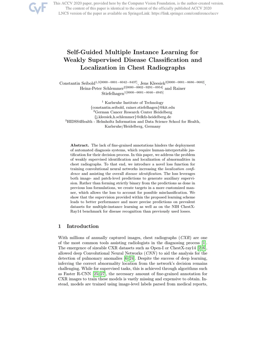 Self-Guided Multiple Instance Learning for Weakly Supervised Thoracic DiseaseClassification and Localizationin Chest Radiographs