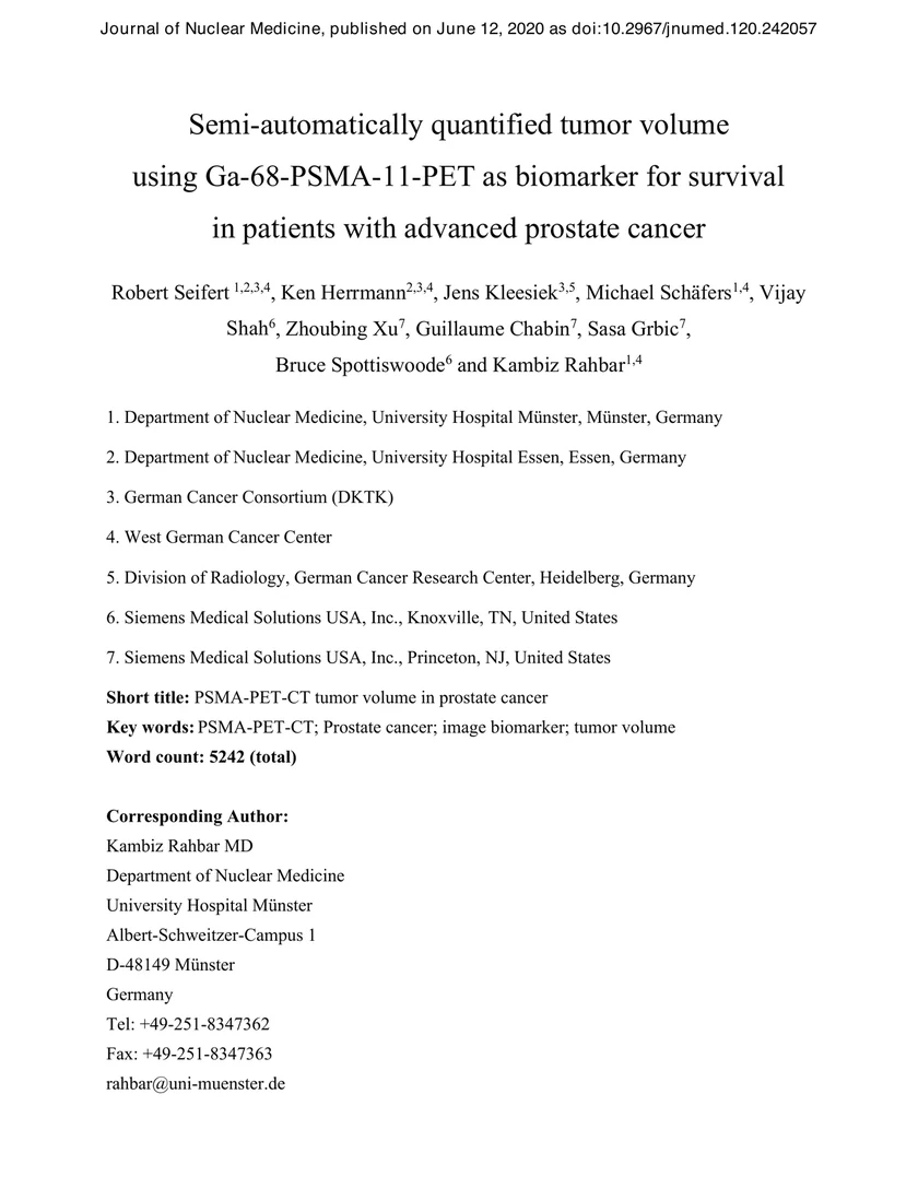 Semi-automatically quantified tumor volume using Ga-68-PSMA-11-PET as biomarker for survival in patients with advanced prostate cancer