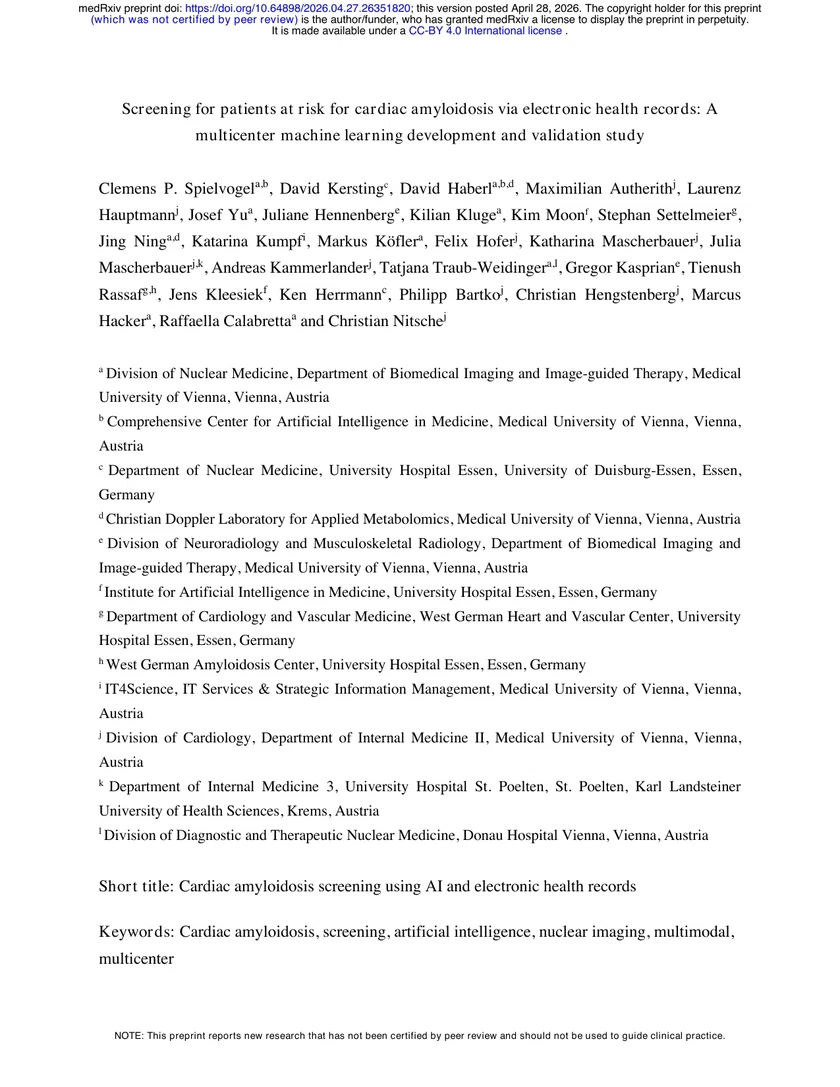 Screening for patients at risk for cardiac amyloidosis via electronic health records: A multicenter machine learning development and validation study