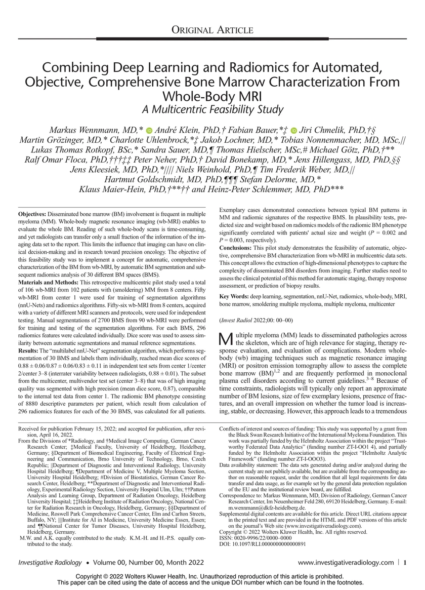Combining deep learning and radiomics for automated, objective, comprehensive bone marrow characterization from whole-body MRI: a multicentric feasibility study
