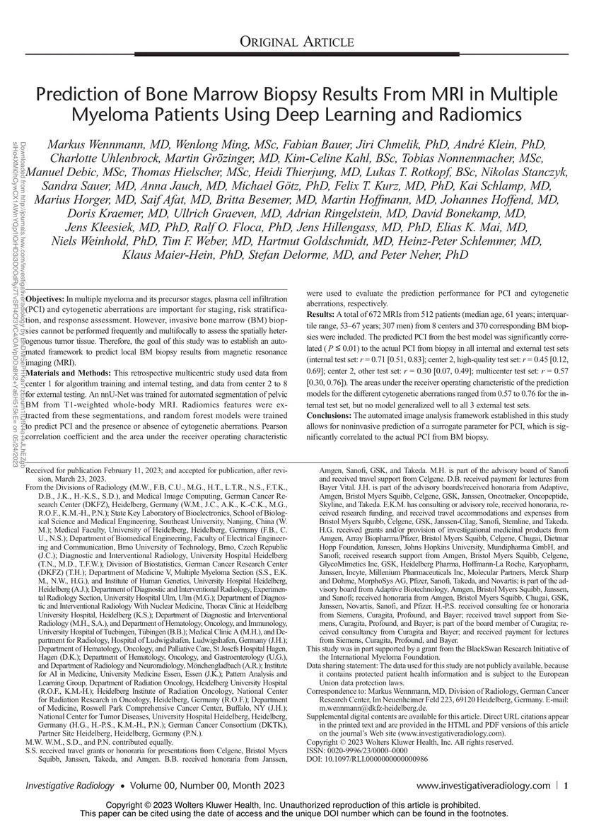 Prediction of Bone Marrow Biopsy Results From MRI in Multiple Myeloma Patients Using Deep Learning and Radiomics