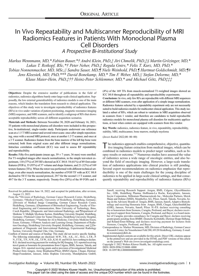 In Vivo Repeatability and Multiscanner Reproducibility of MRI Radiomics Features in Patients With Monoclonal Plasma Cell Disorders