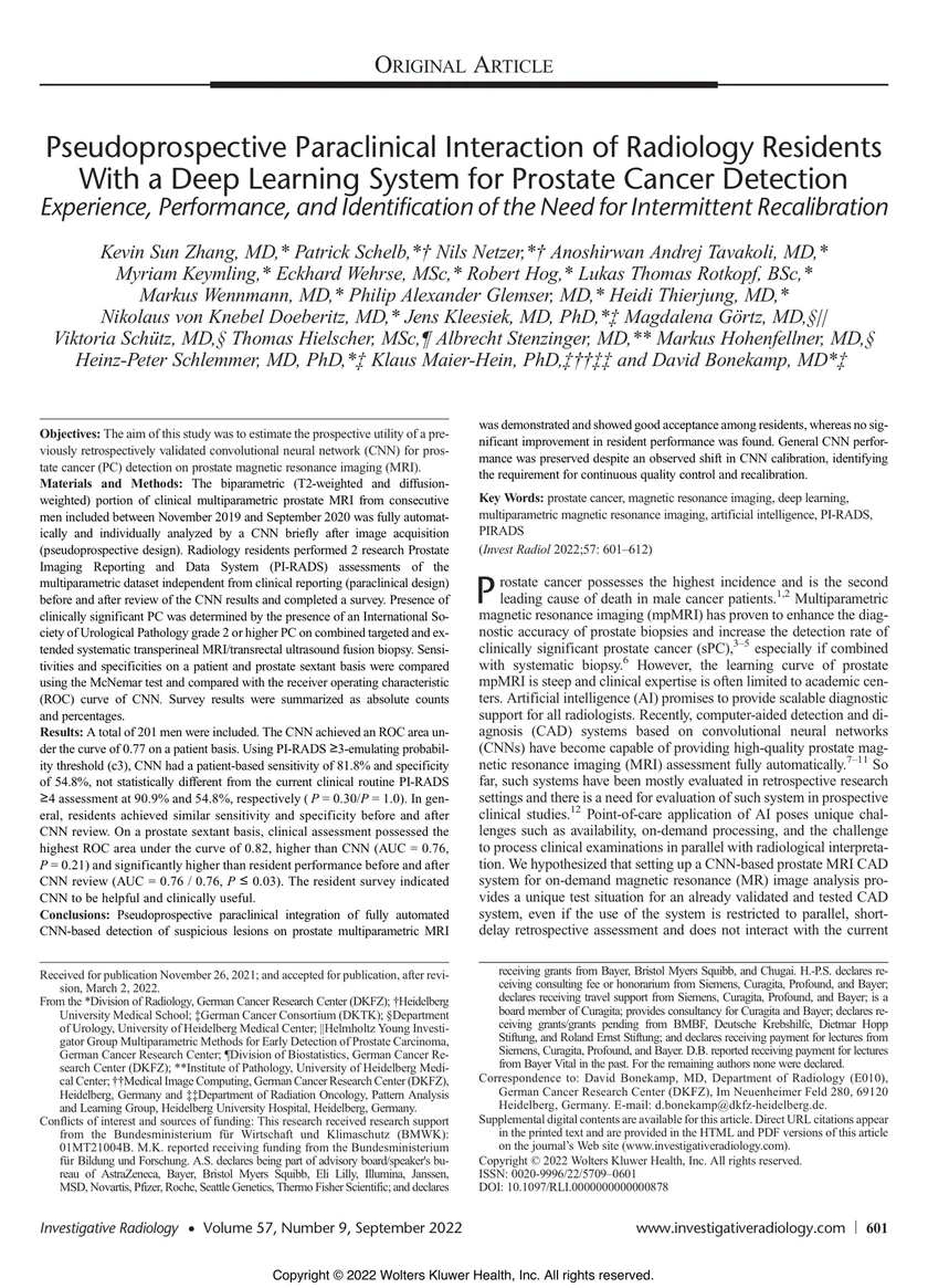 Pseudoprospective Paraclinical Interaction of Radiology Residents With a Deep Learning System for Prostate Cancer Detection: Experience, Performance, and Identification of the Need for Intermittent Recalibration